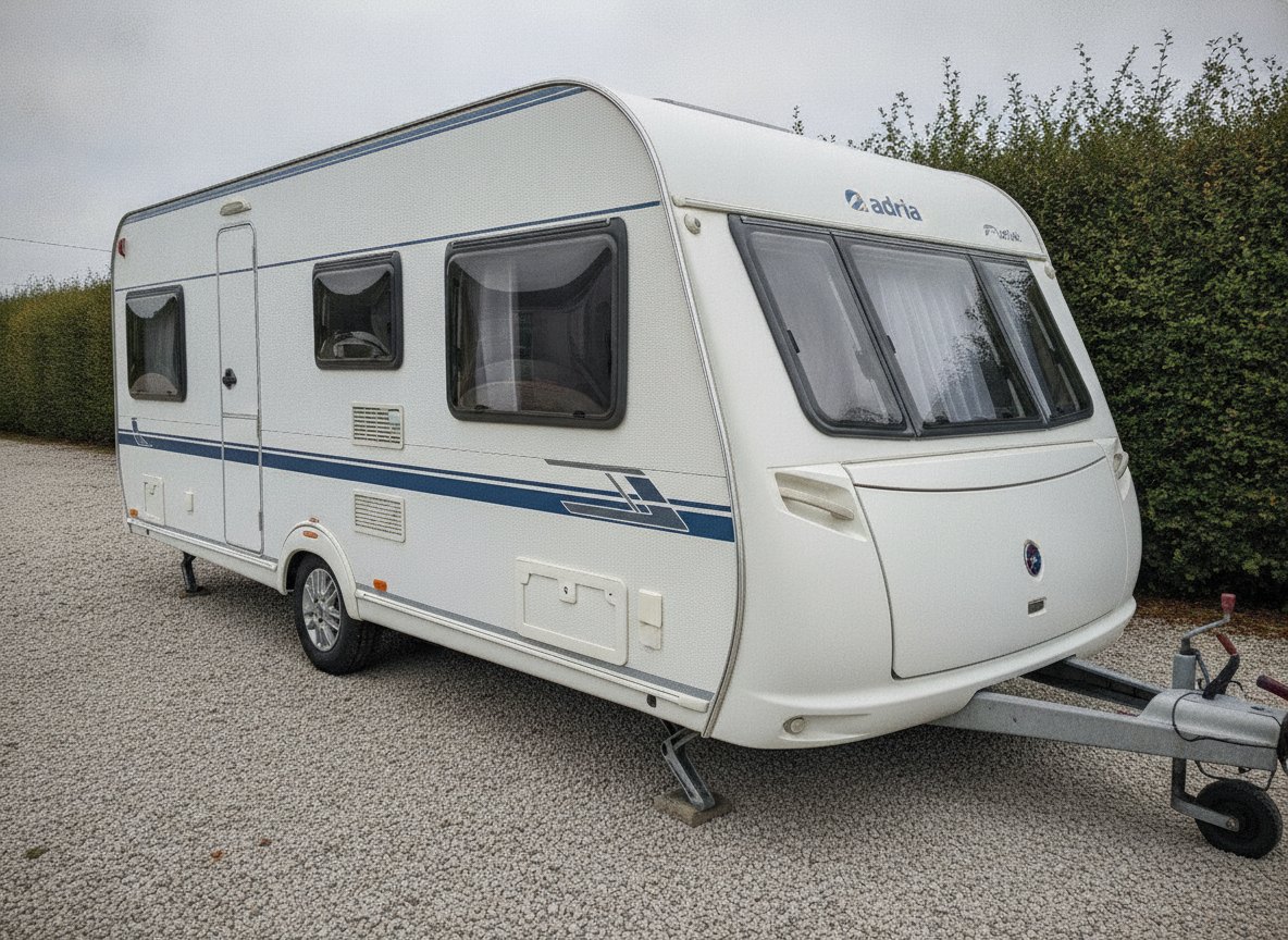 Adria Wohnwagen, weiss mit blauer Zierlinie