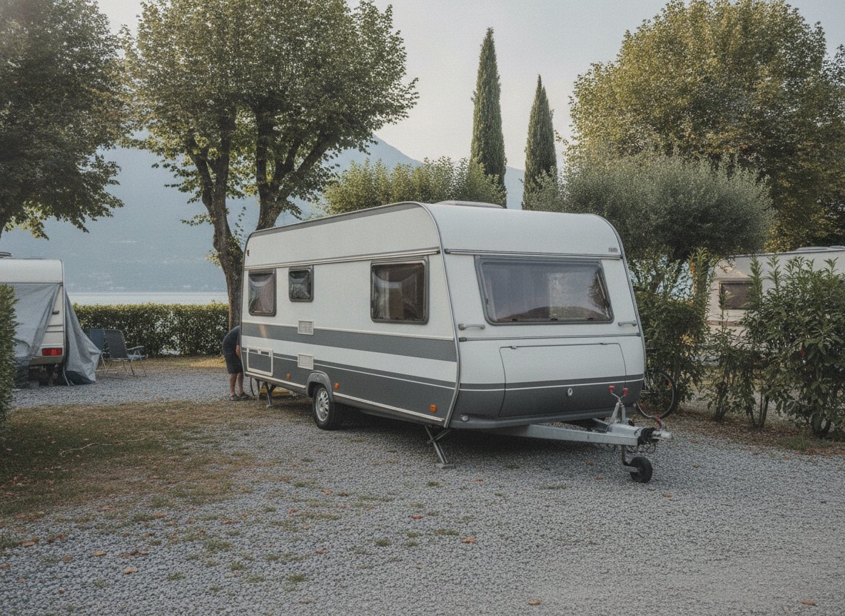 Wohnwagen auf einem Stellplatz am See, bereit für die Abholung