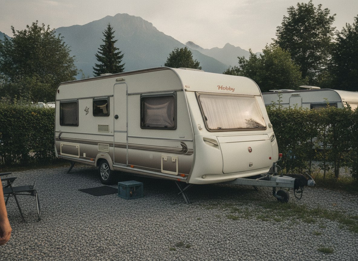 Wohnwagen auf dem Campingplatz-Stellplatz, bereit zur Abholung