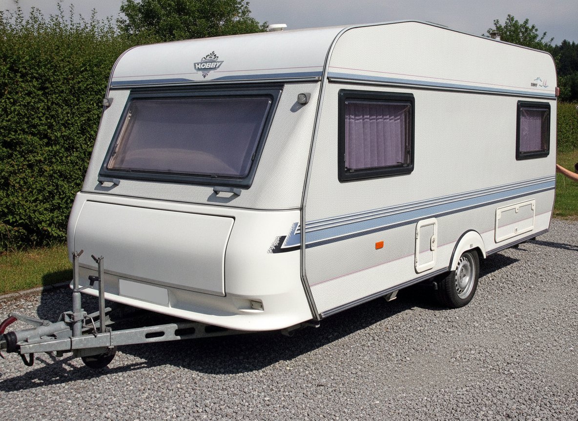 Hobby Wohnwagen, weiss mit blauer Zierlinie