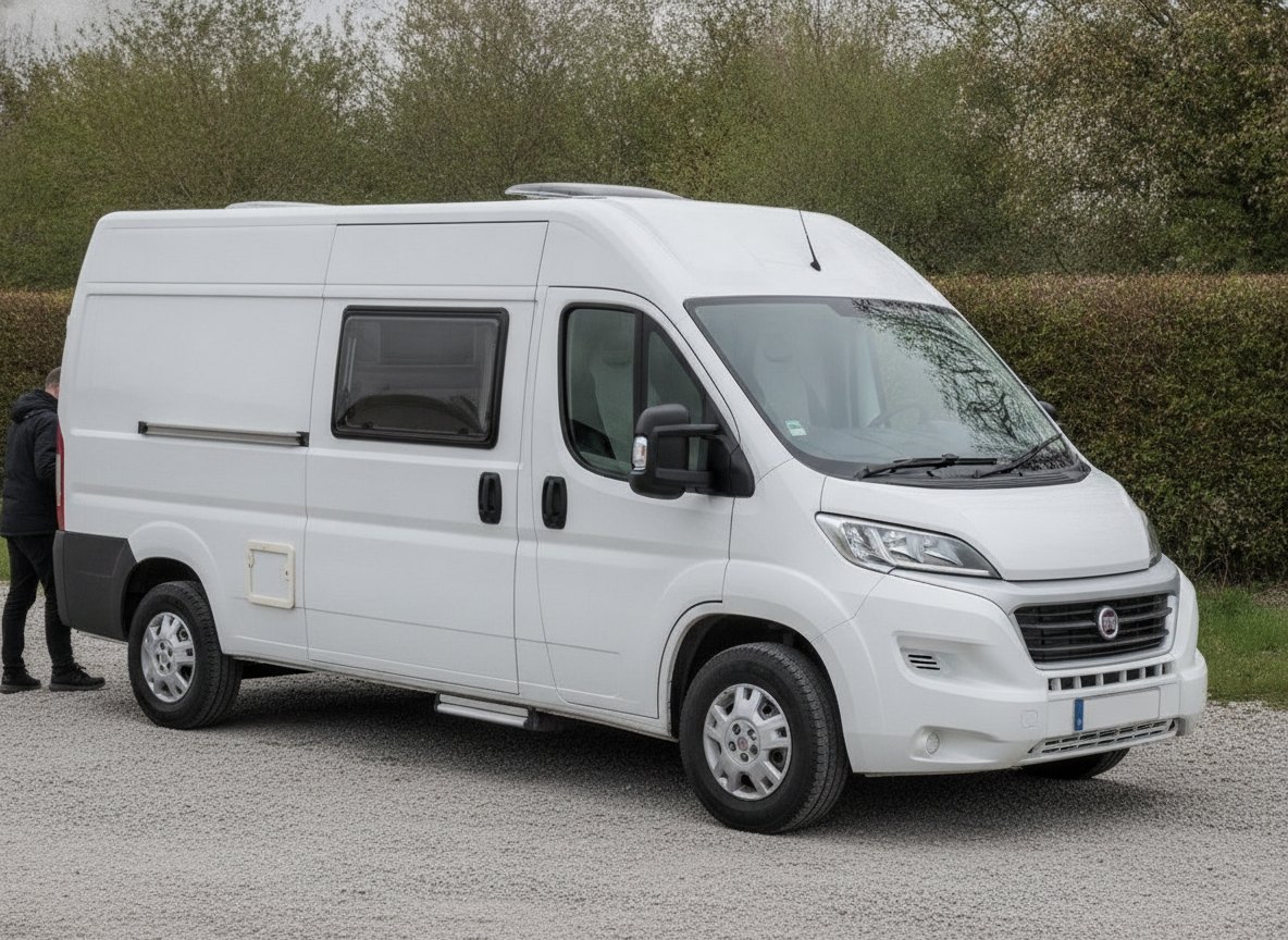 Weisser Kastenwagen-Camper, Schiebetür auf der rechten Fahrzeugseite