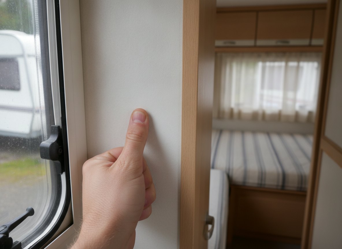 Daumendruck-Test: Daumen prüft die Innenwand neben dem Fenster auf weiche Stellen