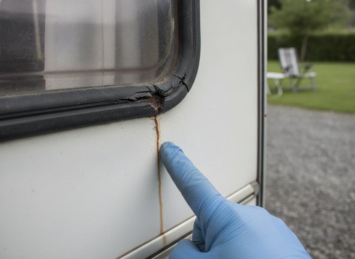 Gerissene Fensterdichtung mit Wasserspur an einer Wohnwagen-Aussenwand