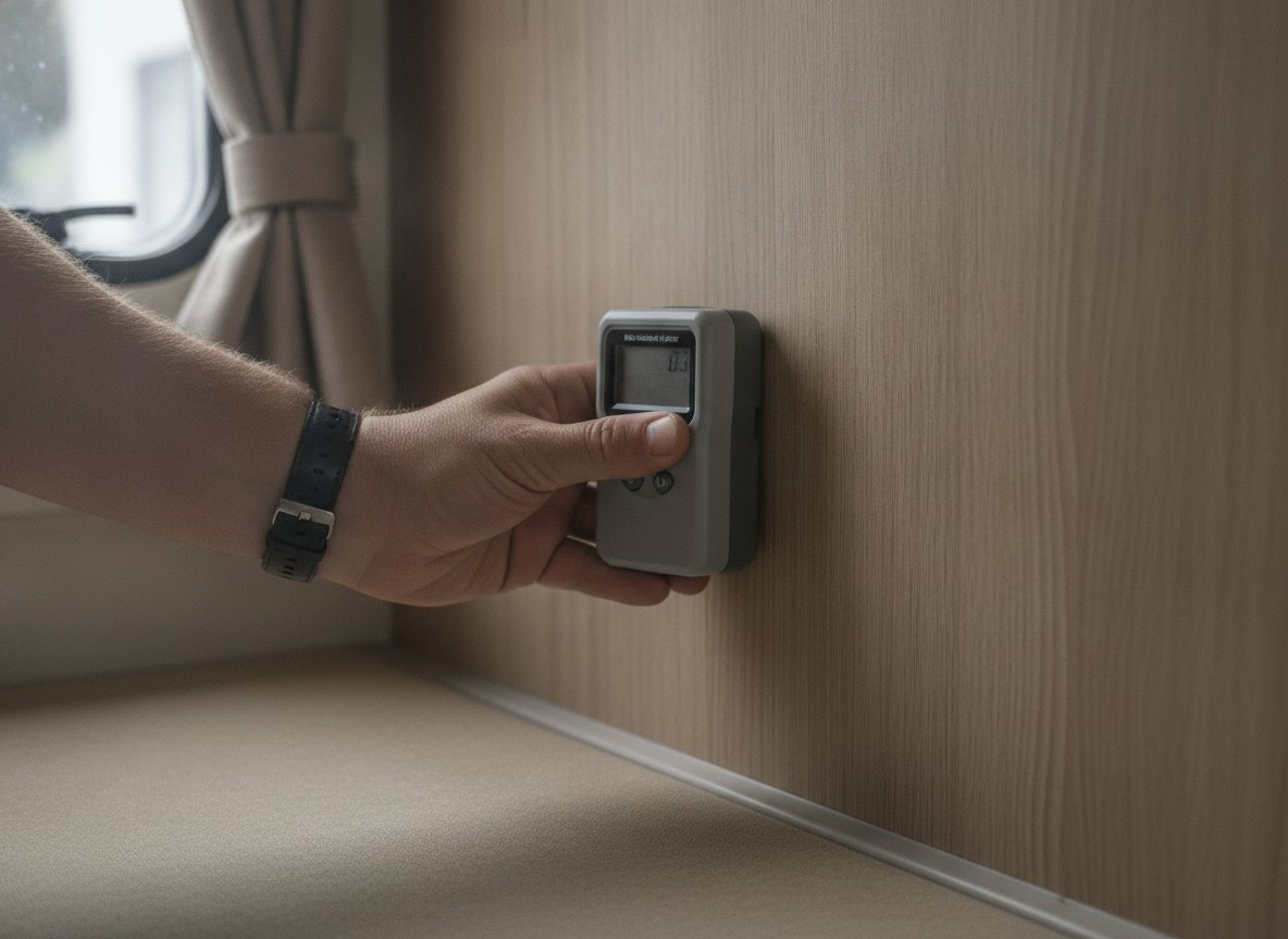 Handmessgerät wird flach an die Innenwand eines Wohnwagens gehalten