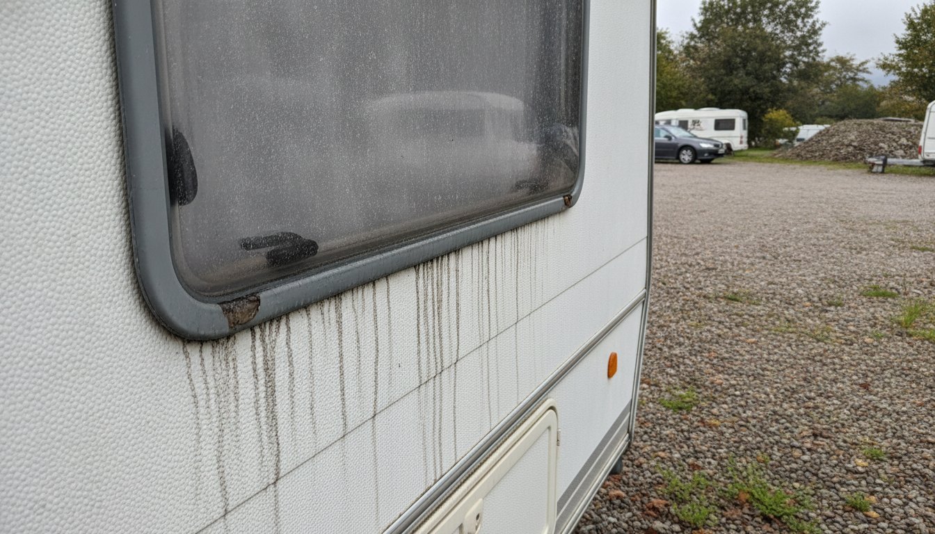 Wasserflecken und Schmutzspuren unter der Fensterdichtung eines Wohnwagens