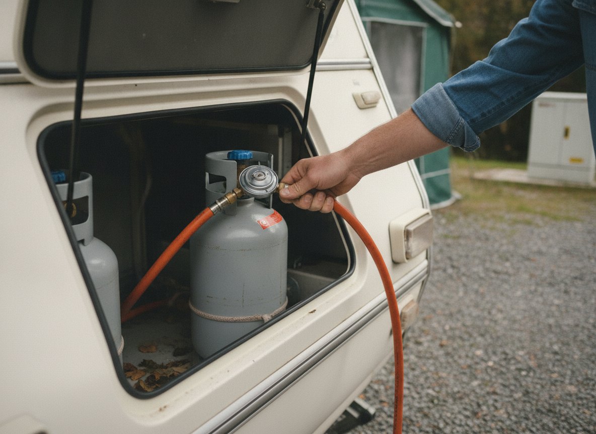 Geöffneter Gaskasten eines Wohnwagens mit zwei Gasflaschen und Druckregler