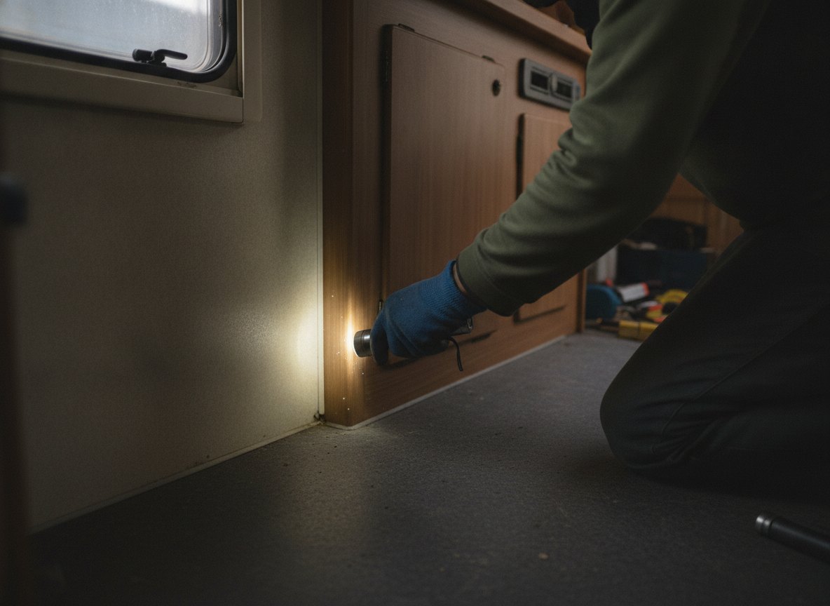 Kontrolle einer Wohnwagen-Innenecke mit Taschenlampe