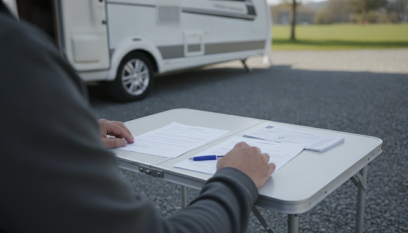 Kaufvertrag und Fahrzeugpapiere auf einem Campingtisch vor einem Wohnwagen