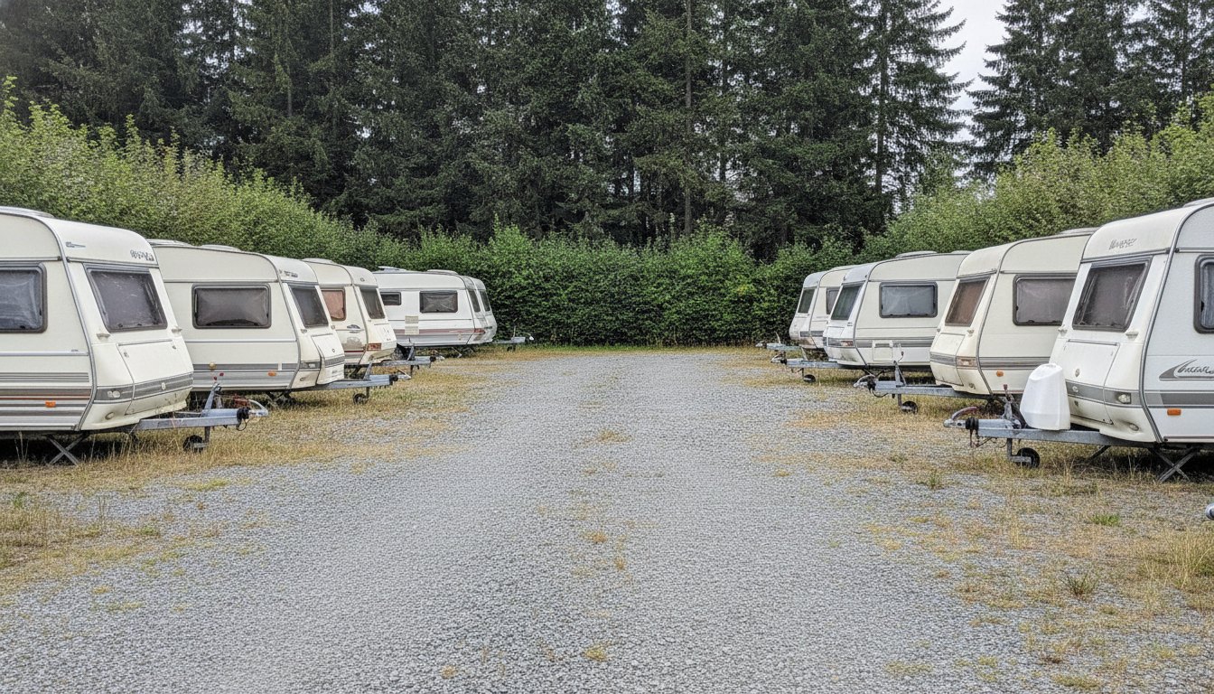 Reihen verschiedener Wohnwagen-Marken auf einem Kiesplatz