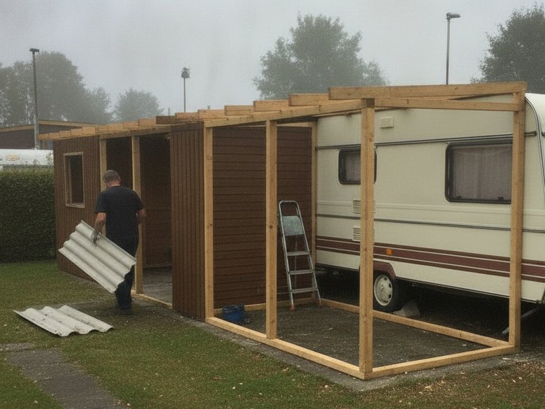 Dauercamping-Parzelle: selbstgebautes Holz-Vorzelt am Wohnwagen, die Dachplatten werden gerade abgetragen