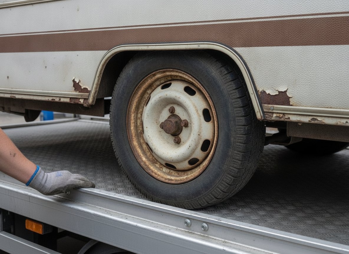 Rad und Radkasten eines ausgedienten Wohnwagens auf der Ladefläche eines Abschleppwagens