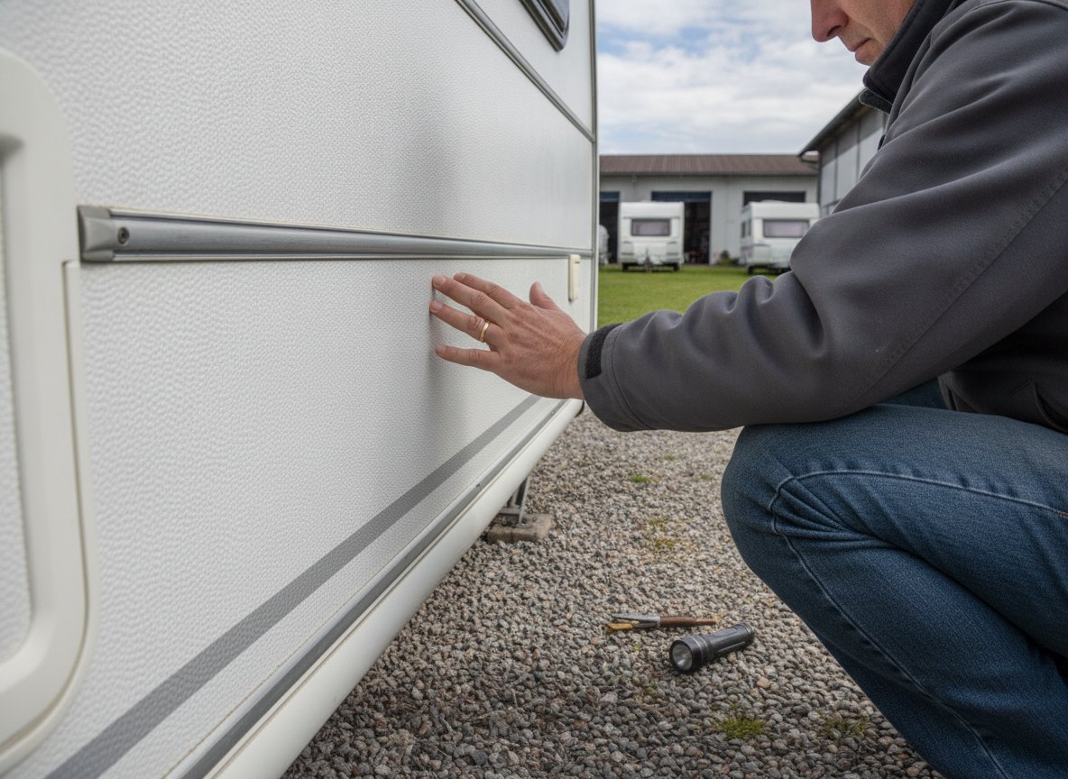 Prüfung der Aussenwand und Dichtungen eines Wohnwagens bei der Bewertung