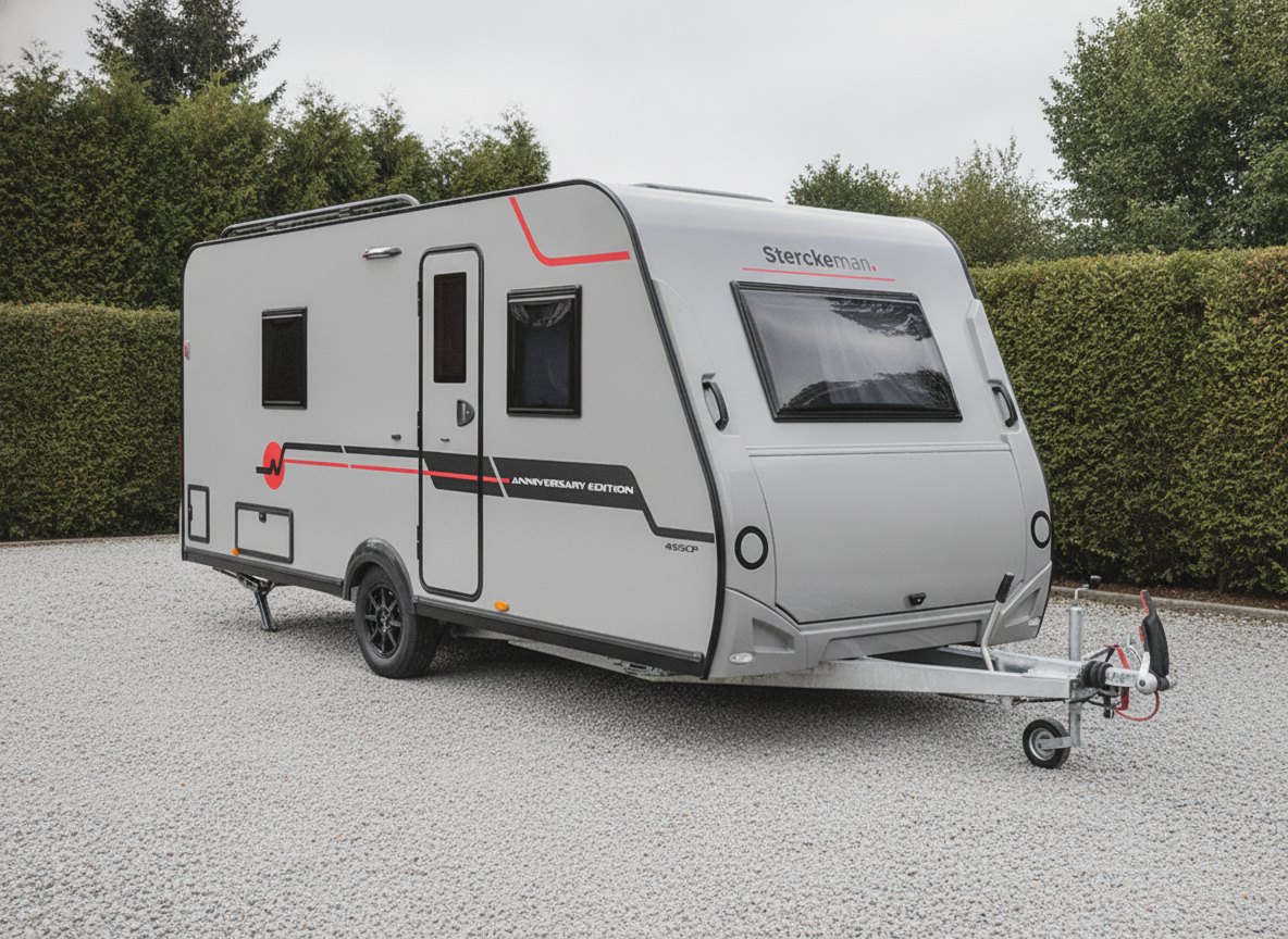 Sterckeman Wohnwagen, grau mit roter Zierlinie