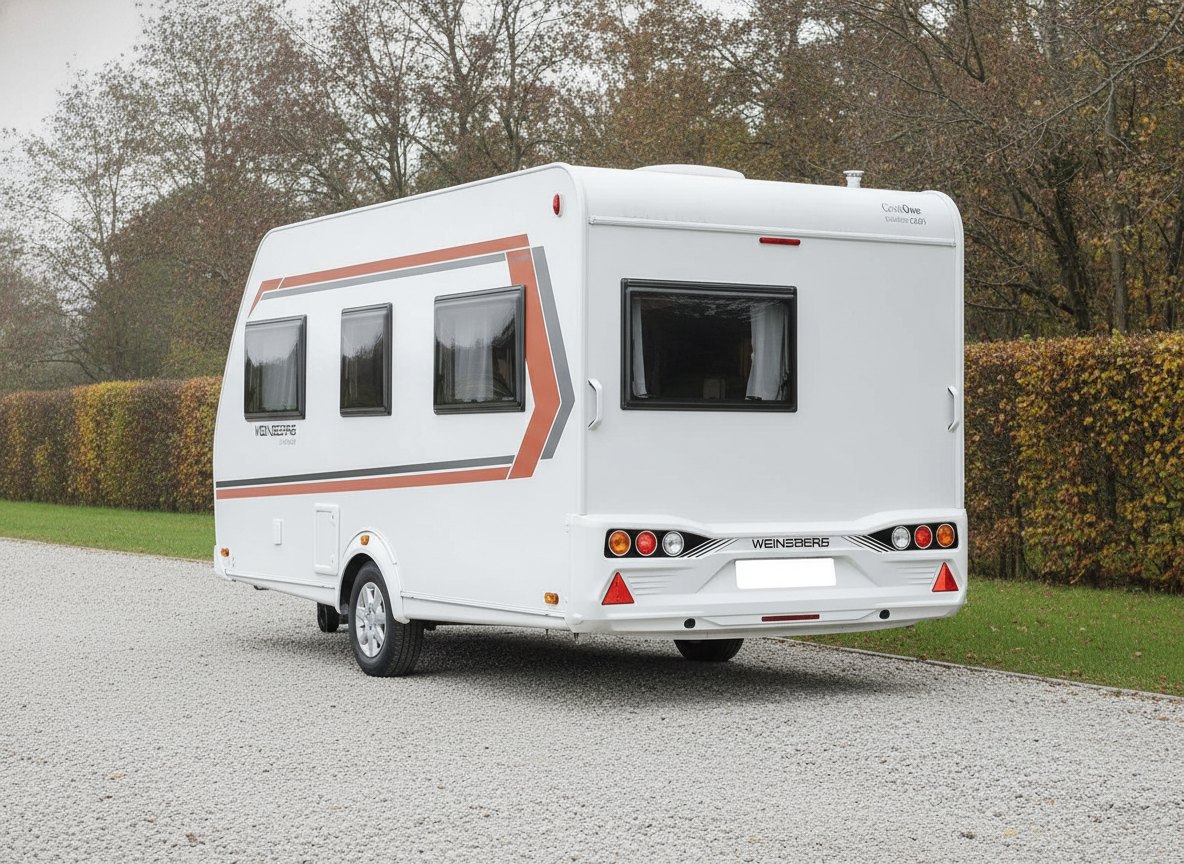 Weinsberg Wohnwagen, weiss mit rot-grauer Zierlinie
