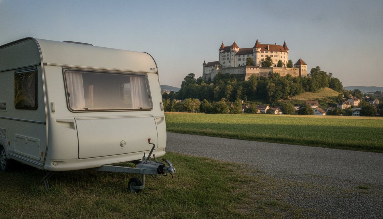 Wohnwagen an einem Feldweg, im Hintergrund Schloss Lenzburg auf seinem Hügel