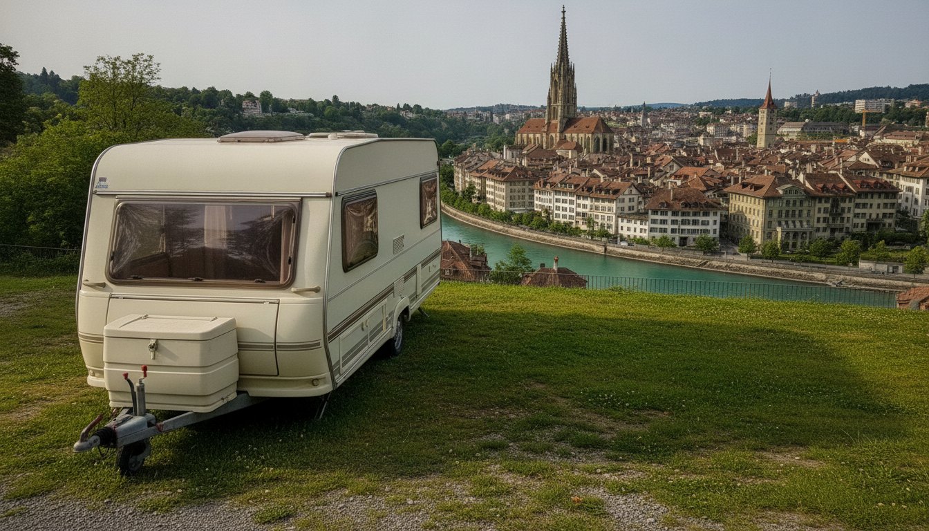 Wohnwagen auf einer Aussichtswiese über der Berner Altstadt mit Münster und Aare