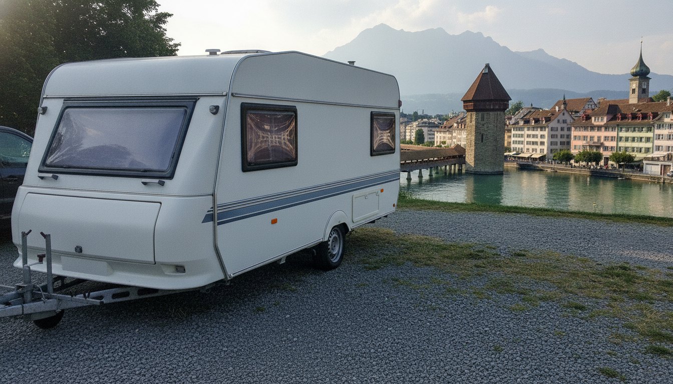 Wohnwagen an einem Aussichtsplatz, im Hintergrund die Kapellbrücke und der Wasserturm in Luzern