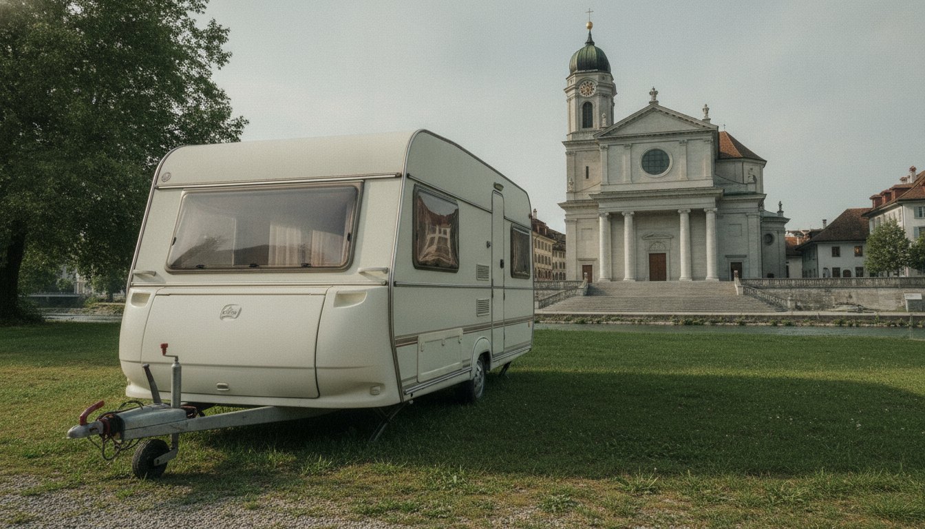 Wohnwagen auf einer Wiese an der Aare, im Hintergrund die St.-Ursen-Kathedrale in Solothurn