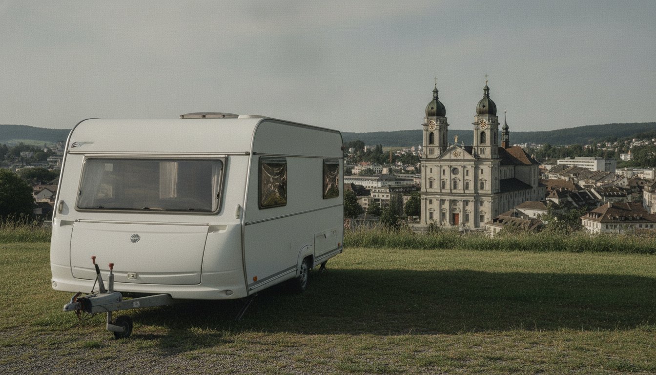 Wohnwagen auf einer Wiese über der Stadt St. Gallen mit der Stiftskirche