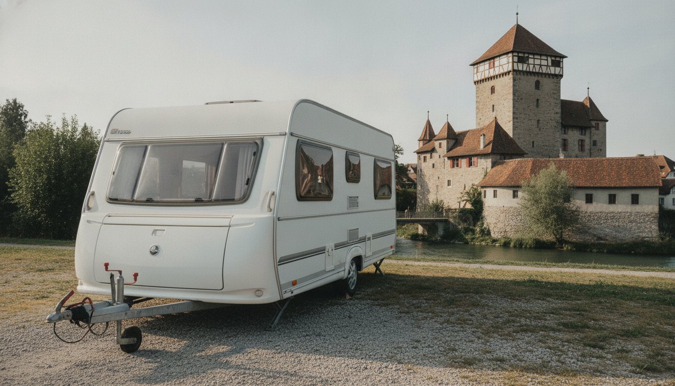 Wohnwagen auf einem Kiesplatz, im Hintergrund das Schloss Frauenfeld an der Murg