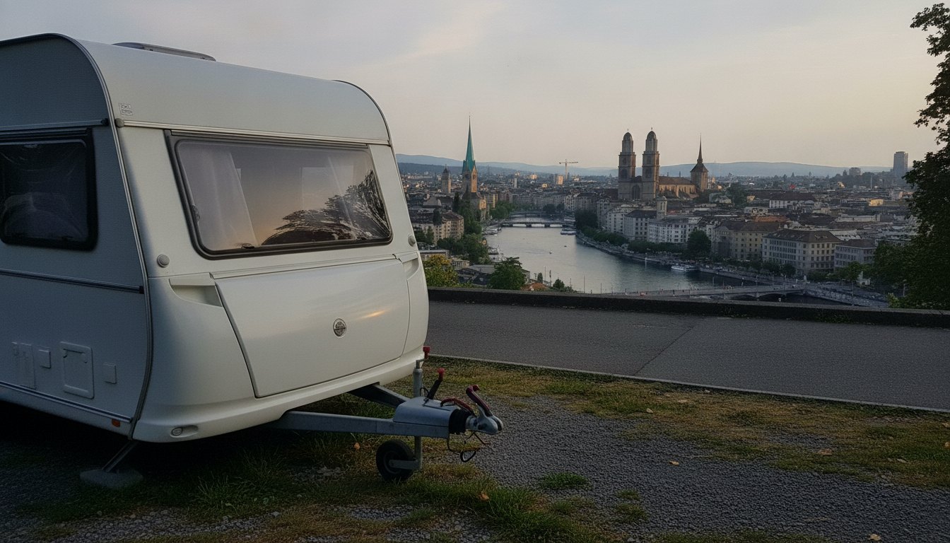 Wohnwagen an einem Aussichtspunkt über Zürich mit Grossmünster und Limmat